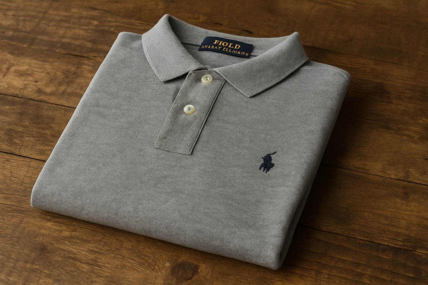 Polo Ralph Lauren gris jaspeada - Doblada en superficie de madera