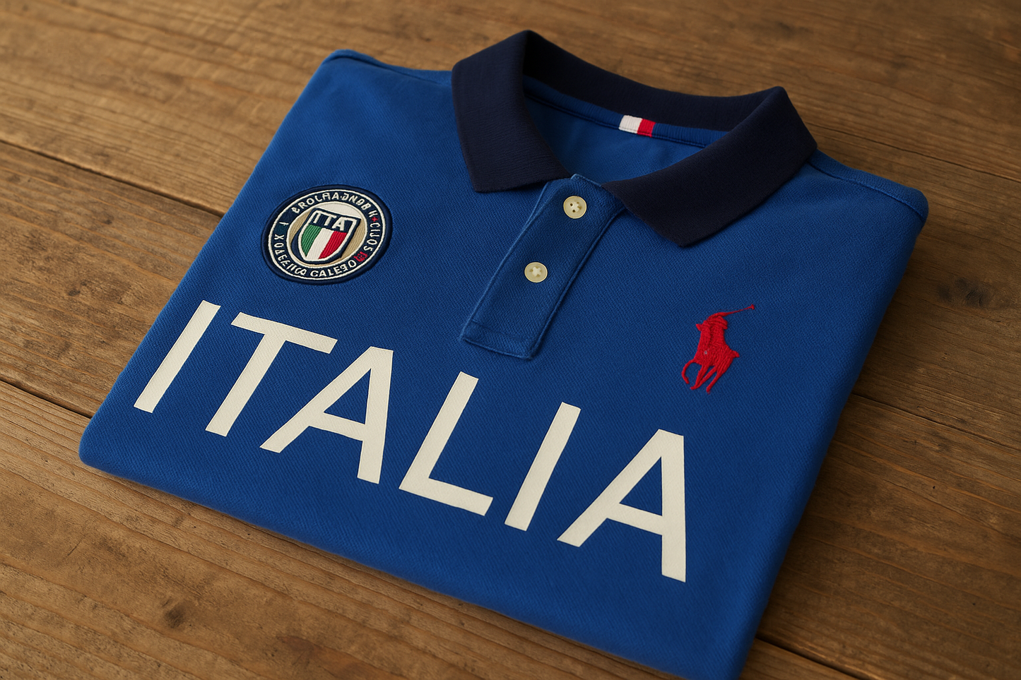 Polo Ralph Lauren Italia azul de segunda mano - Doblada en superficie de madera
