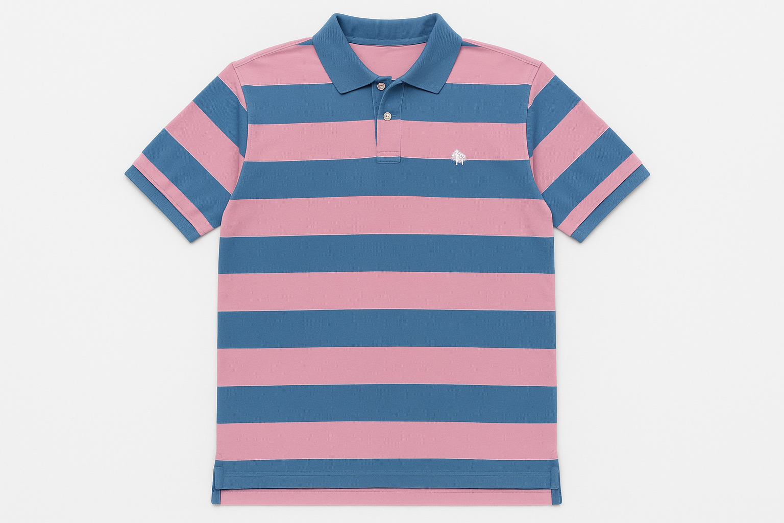 Polo rayado azul y rosa vista frontal plana con logo