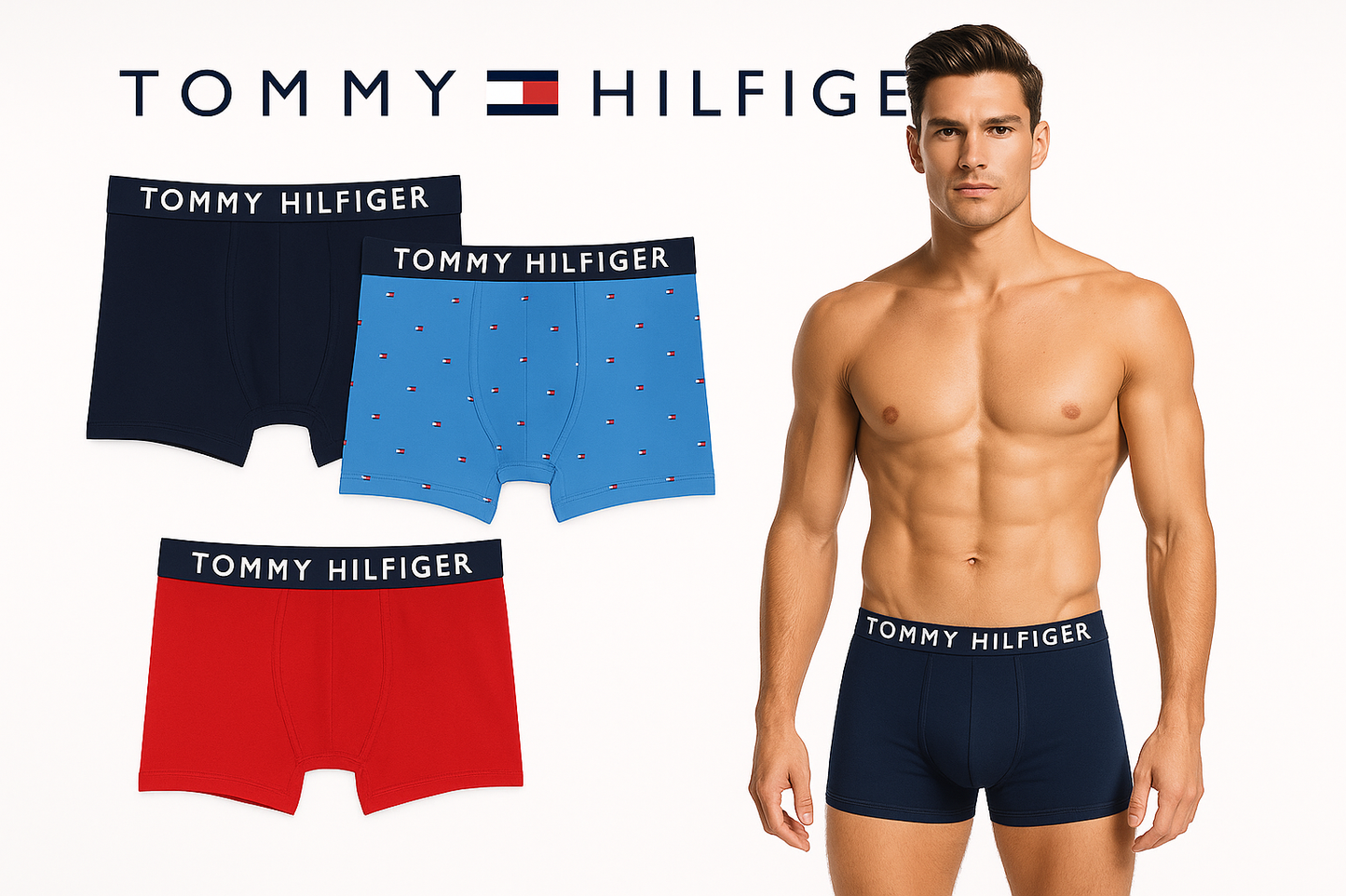 Portada con modelo central rodeado del producto