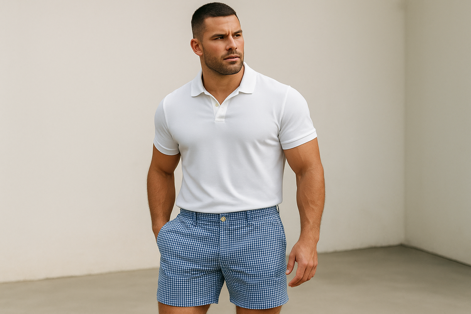 Short a cuadros azul marino con modelo atlético usando polo blanco