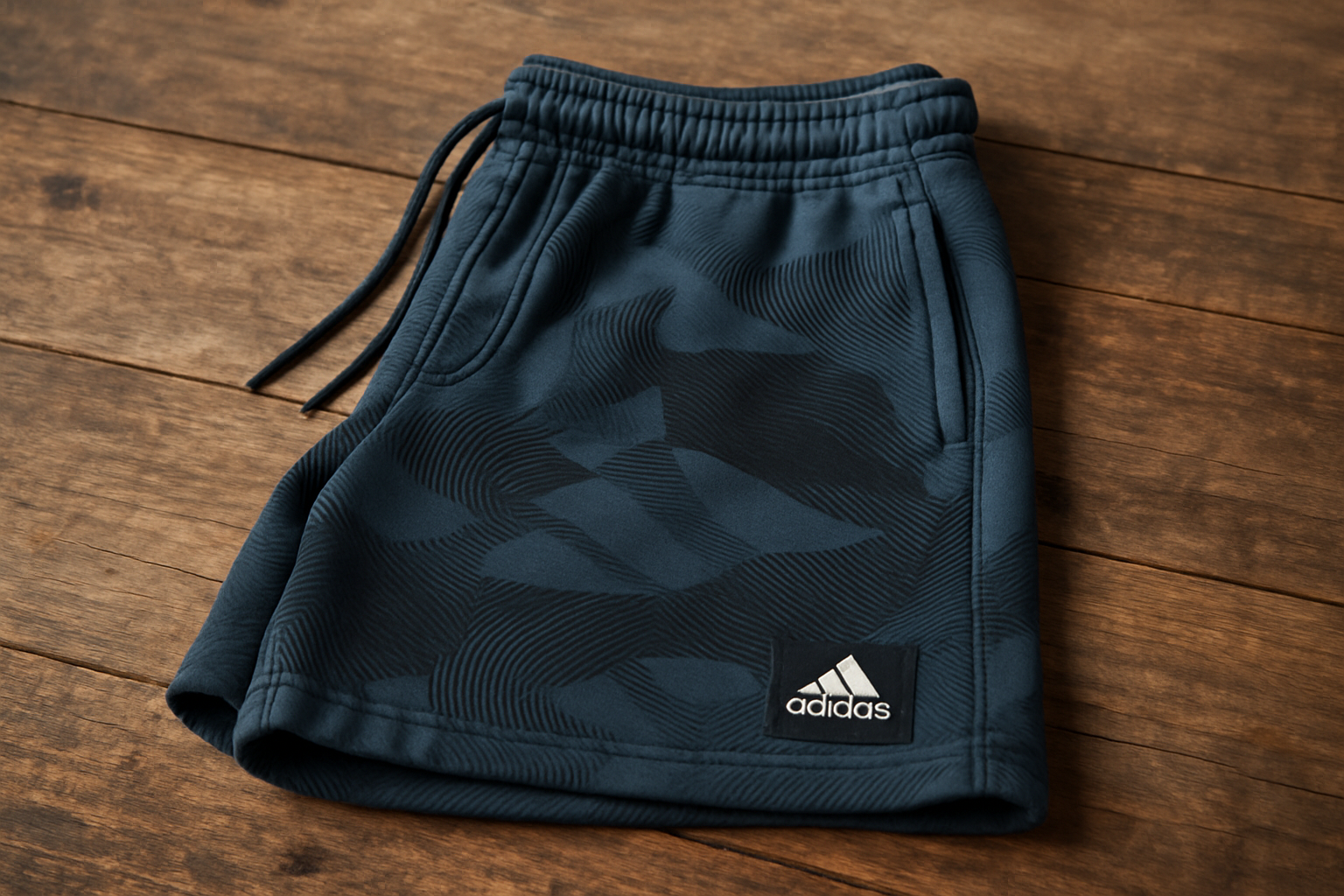 Shorts Adidas azules - Doblados en superficie de madera