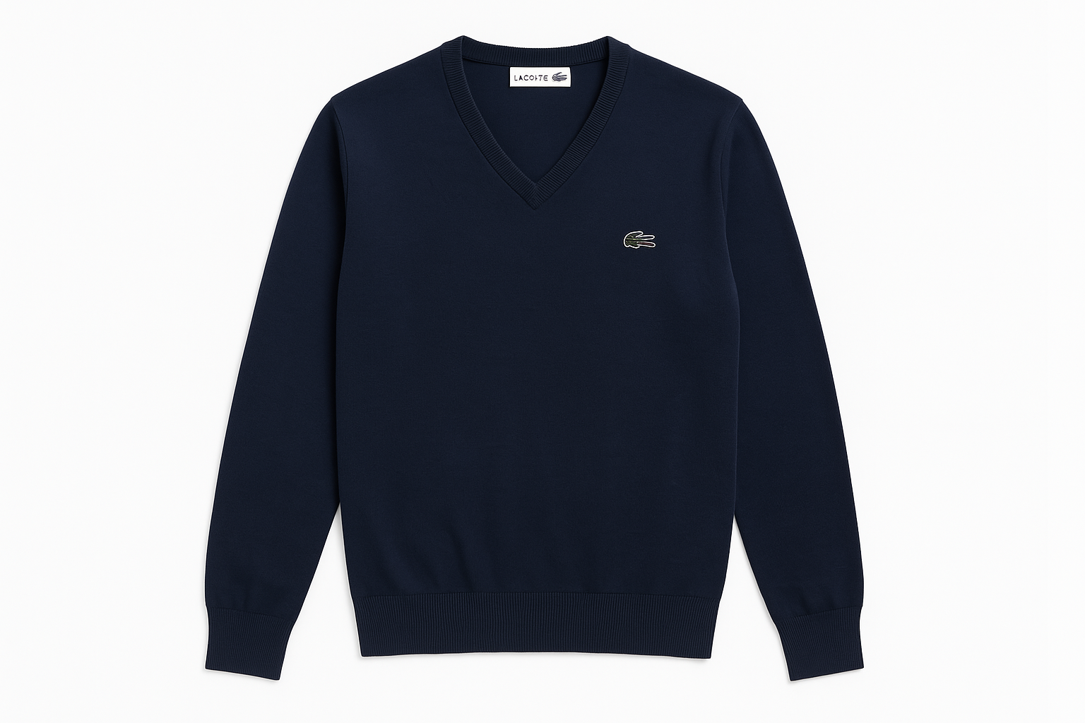 Suéter Jersey Lacoste cuello V color azul navy con logo tradicional del cocodrilo
