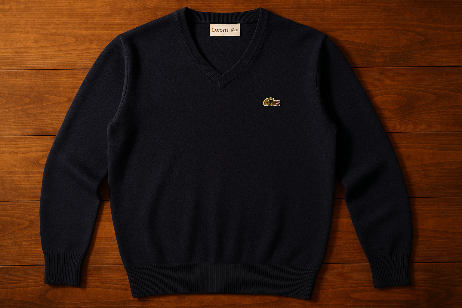 Suéter Lacoste azul navy con logo del cocodrilo verde sobre mesa con luz cálida