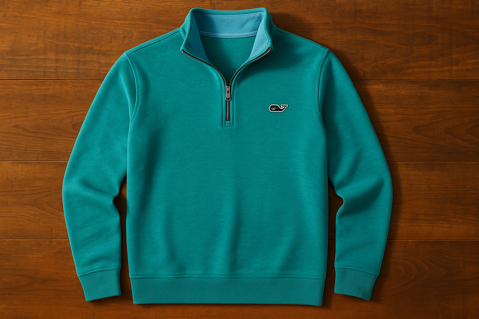 Suéter Vineyard Vines color #06a19a con logo muy pequeño e interior celeste sobre mesa con luz cálida