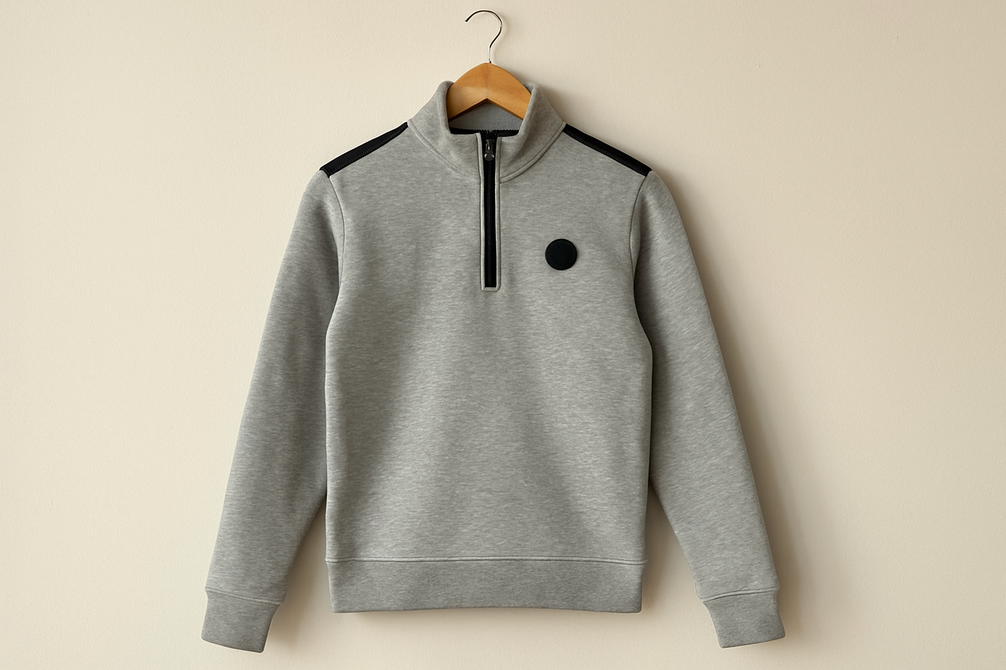 Sudadera gris con detalles negros - Colgada en percha (repetida)