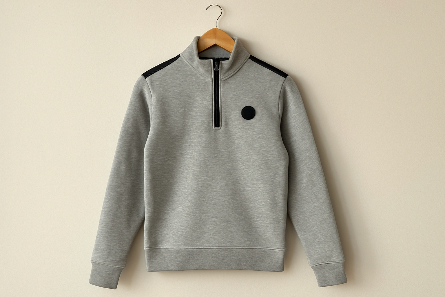 Sudadera gris con detalles negros - Colgada en percha (repetida)