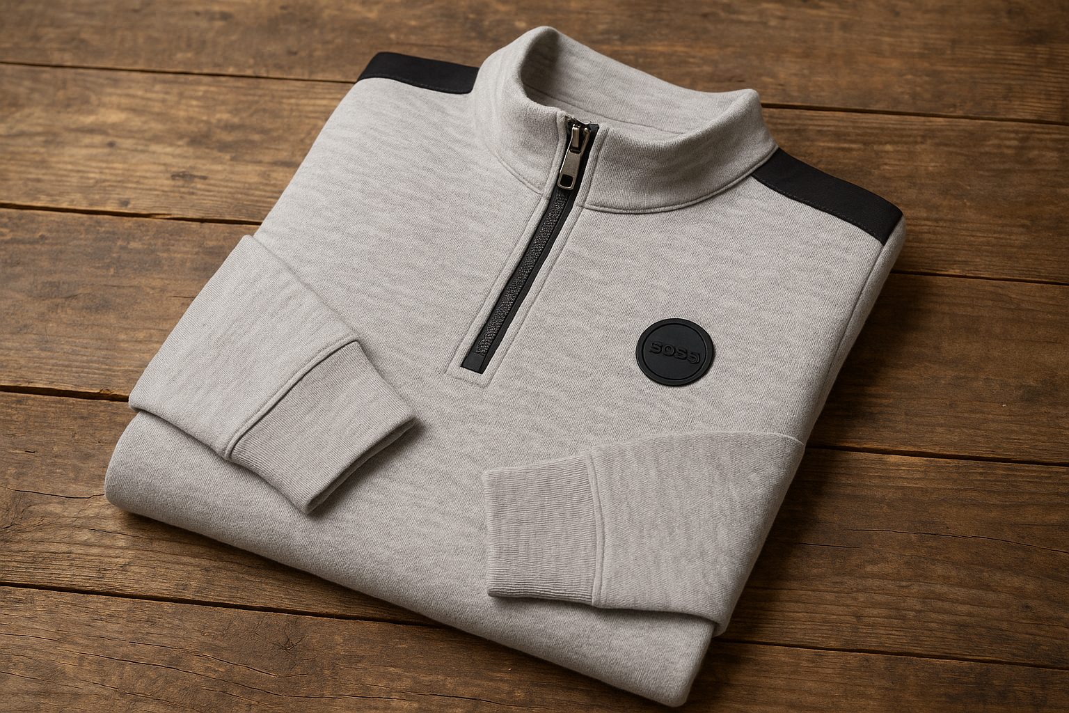 Sudadera gris con detalles negros - Doblada en superficie de madera