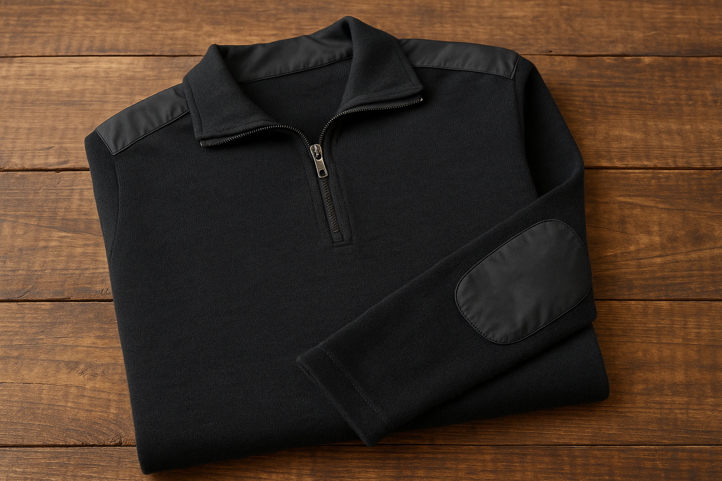 Sudadera negra con detalles nylon - Doblada en superficie de madera