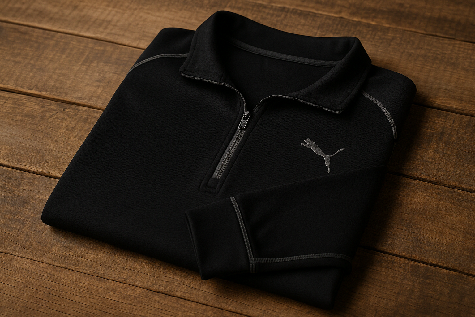 Sudadera Puma negra - Doblada en superficie de madera