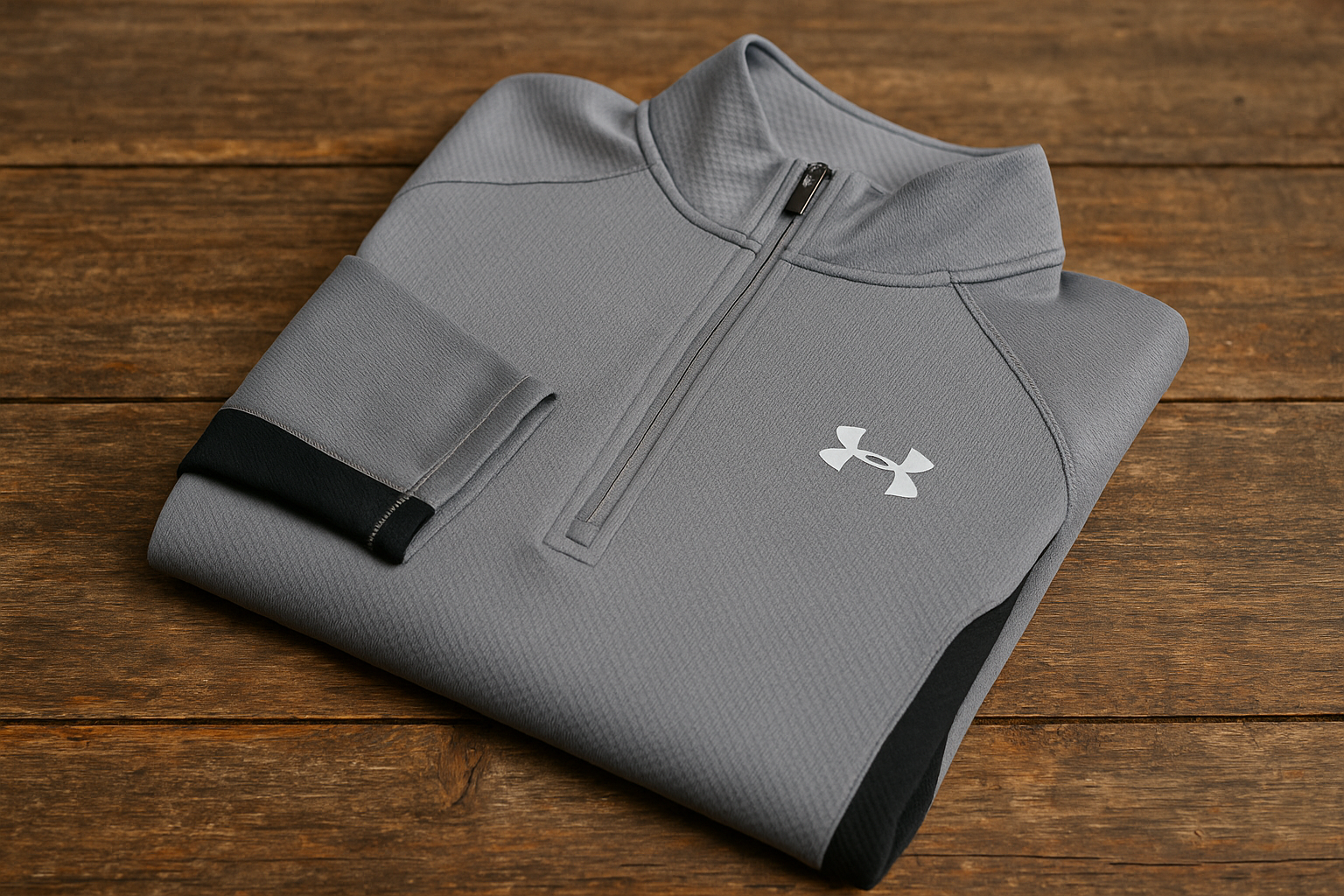 Sudadera Under Armour gris - Doblada en superficie de madera