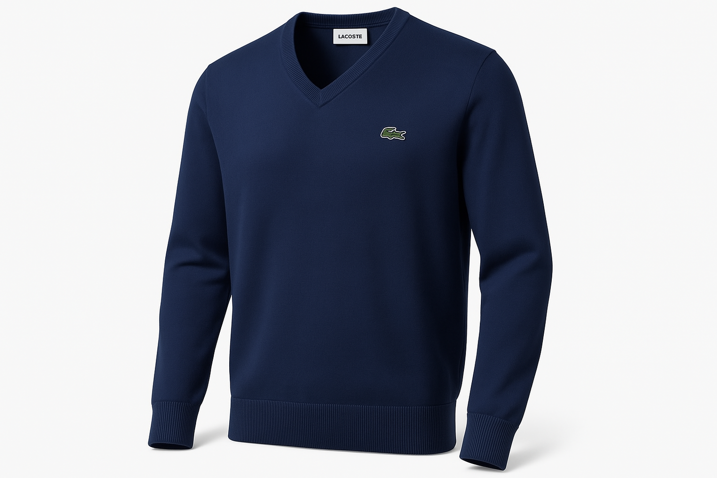 Vista en ángulo 3/4 del suéter Lacoste azul navy con logo del cocodrilo verde