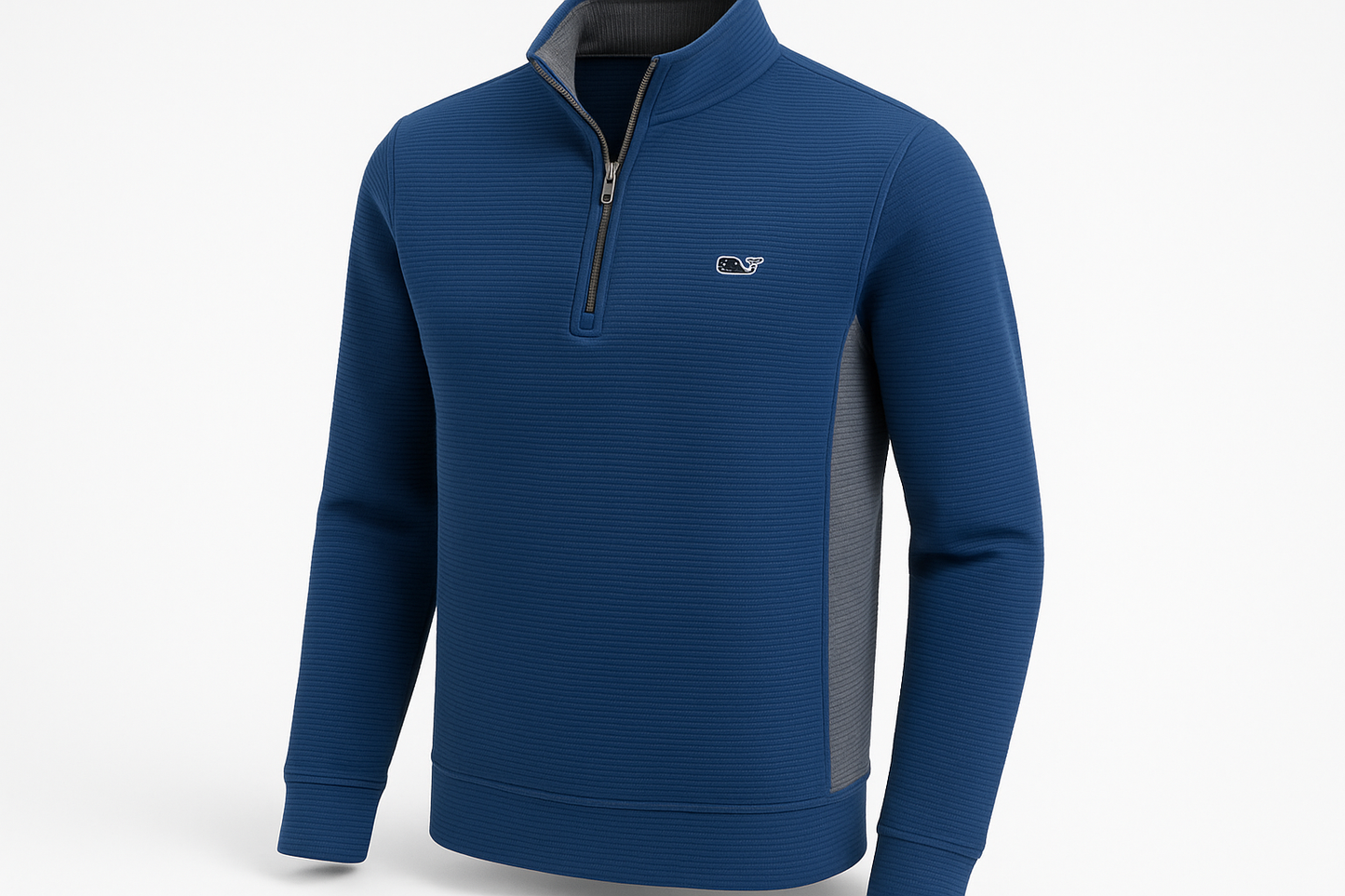 Vista en ángulo 3/4 del suéter Vineyard Vines con logo extremadamente pequeño