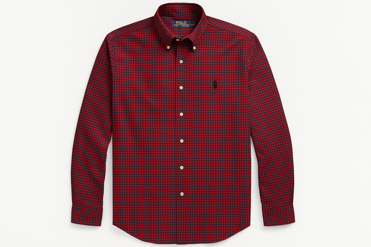 Vista frontal de la camisa gingham rojo y negro