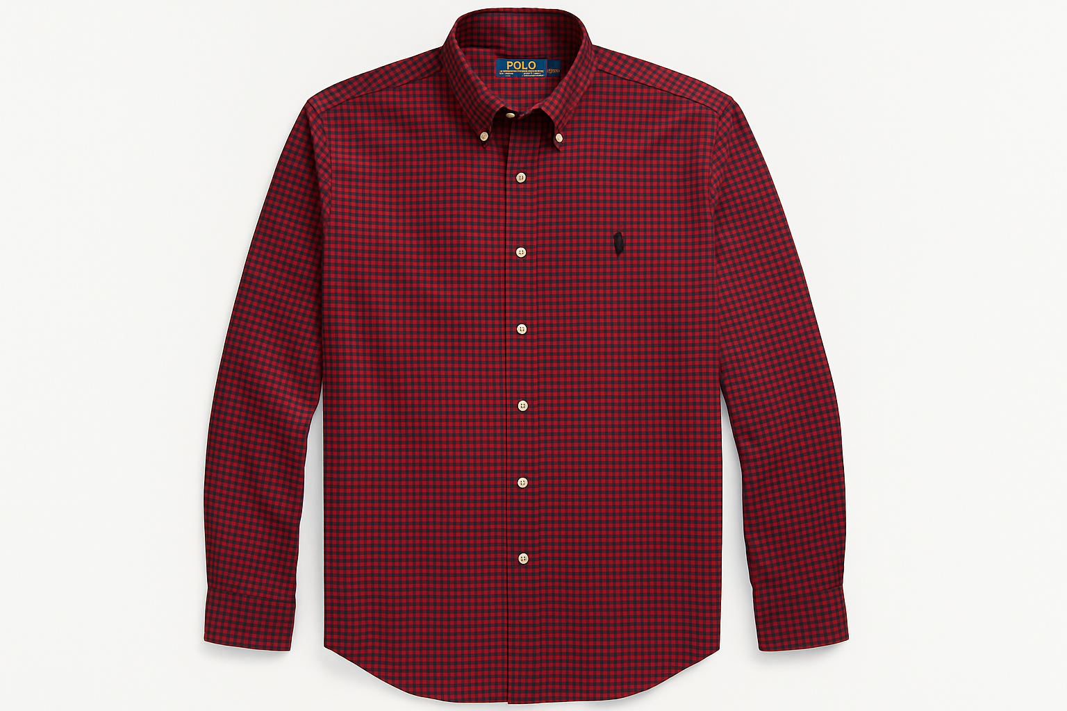 Vista frontal de la camisa gingham rojo y negro