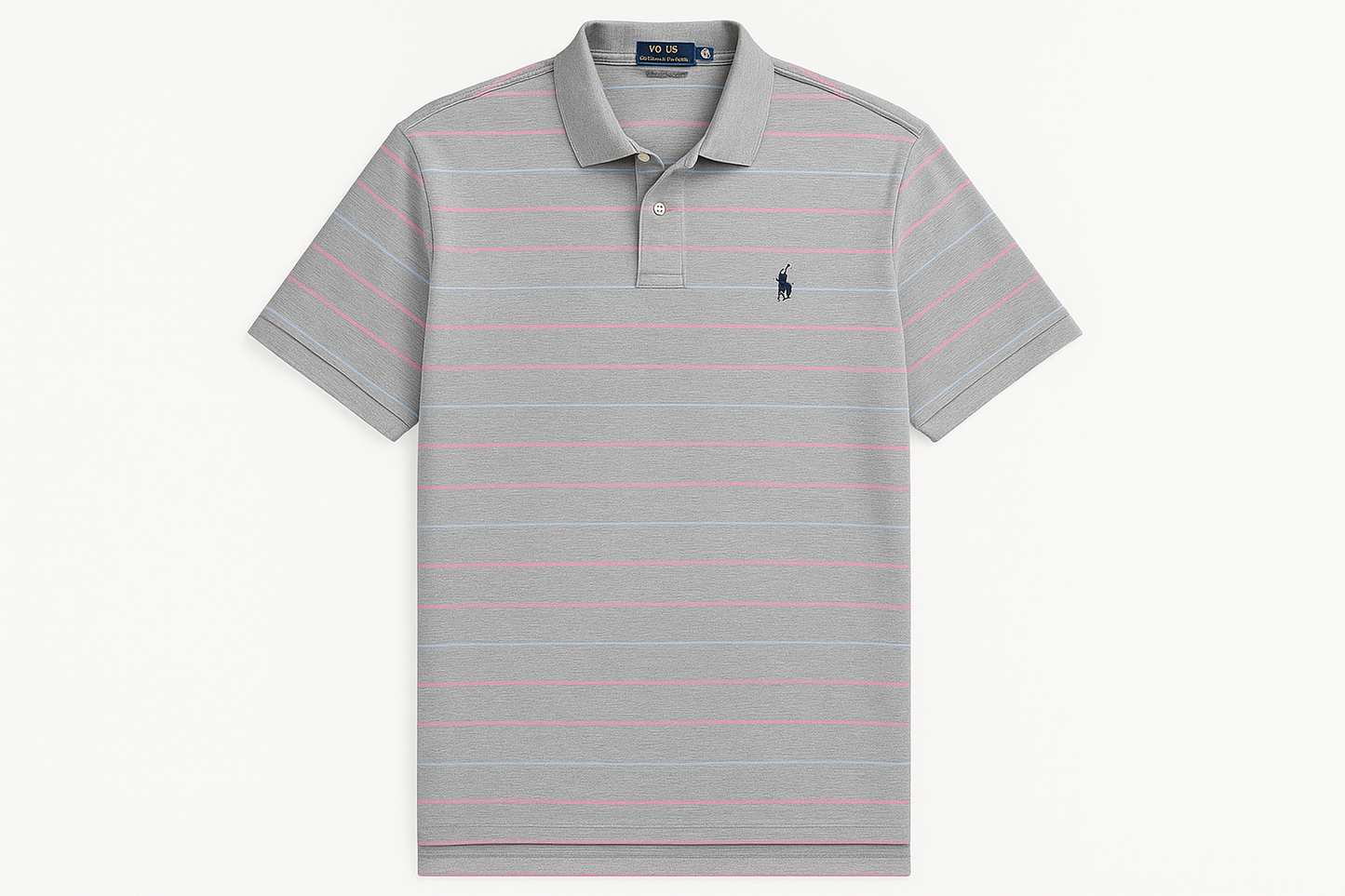 Vista frontal de la camiseta polo Ralph Lauren gris con líneas horizontales delgadas rosadas y celeste