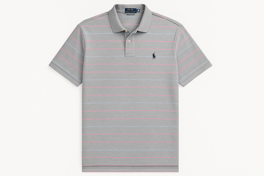 Vista frontal de la camiseta polo Ralph Lauren gris con líneas horizontales delgadas rosadas y celeste