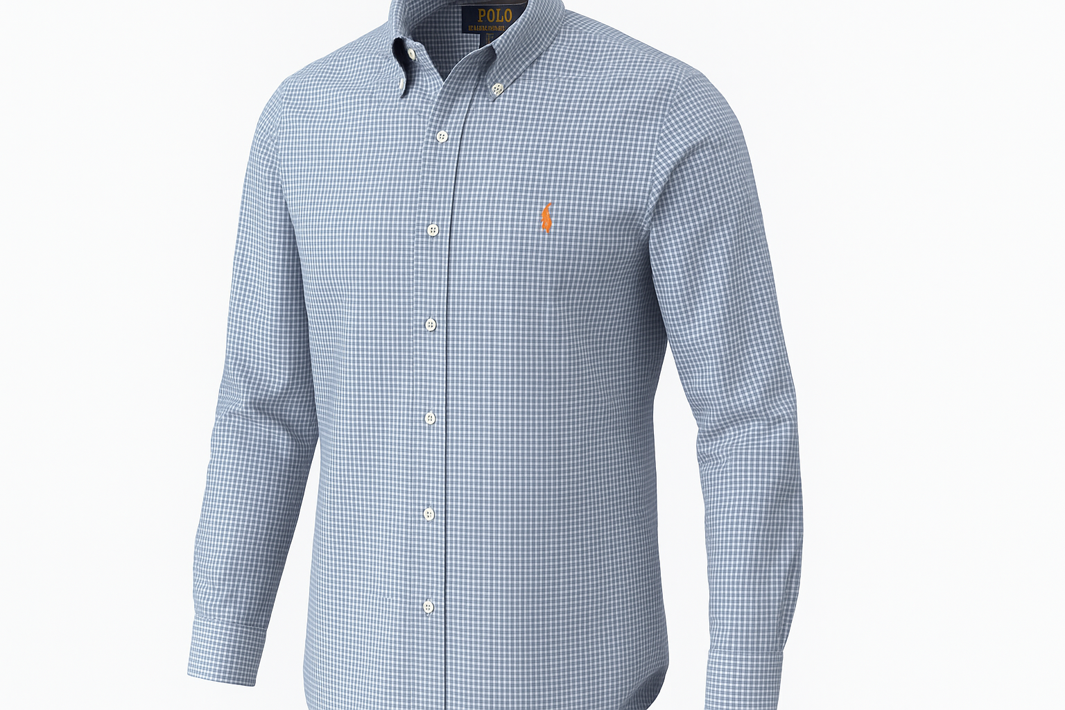 Vista lateral de la camisa Polo Ralph Lauren Oxford con cuadros Gingham pequeños y logo naranja
