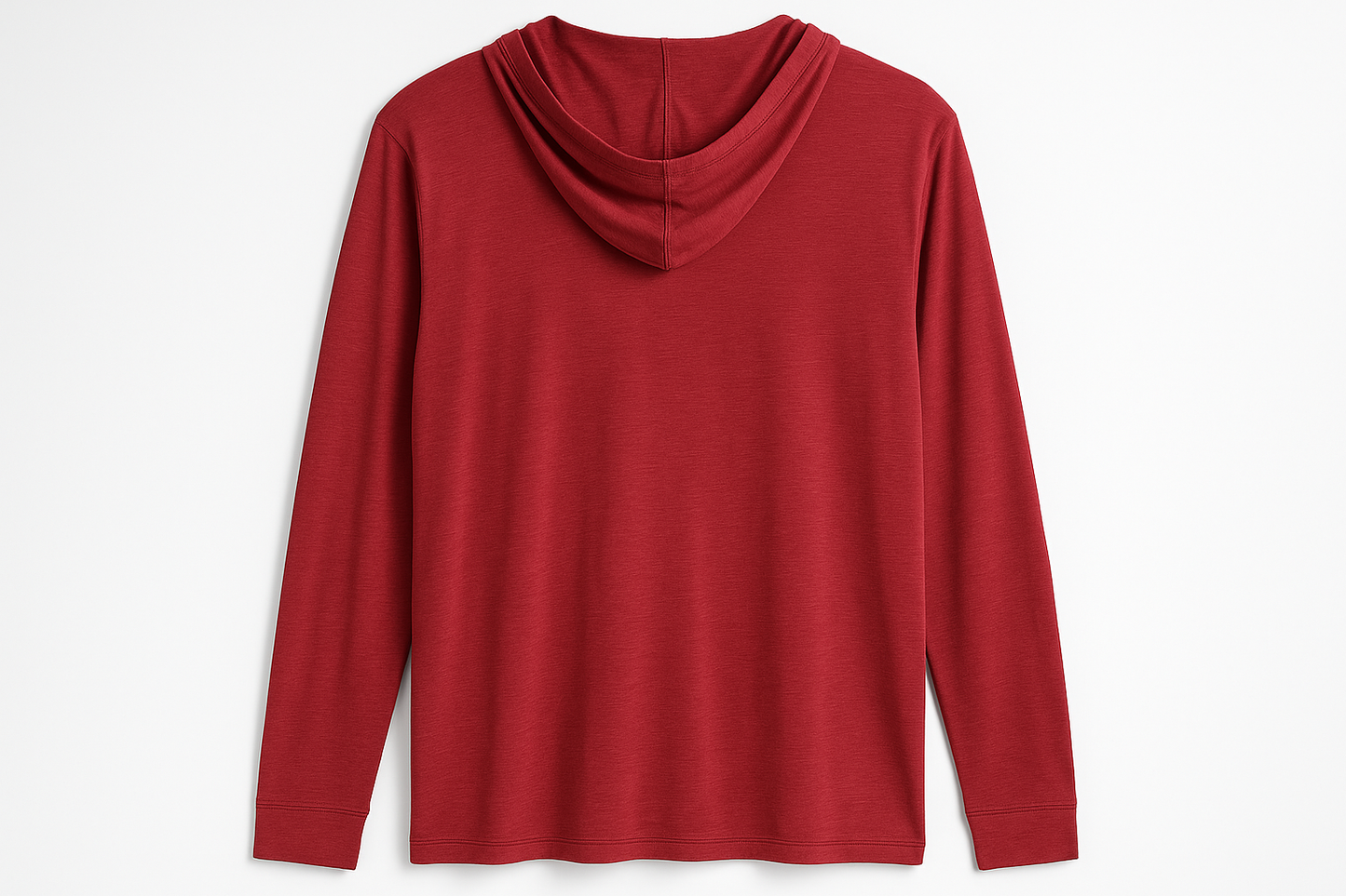 Vista posterior de la camiseta ligera con capucha color #c03a3b sin logo