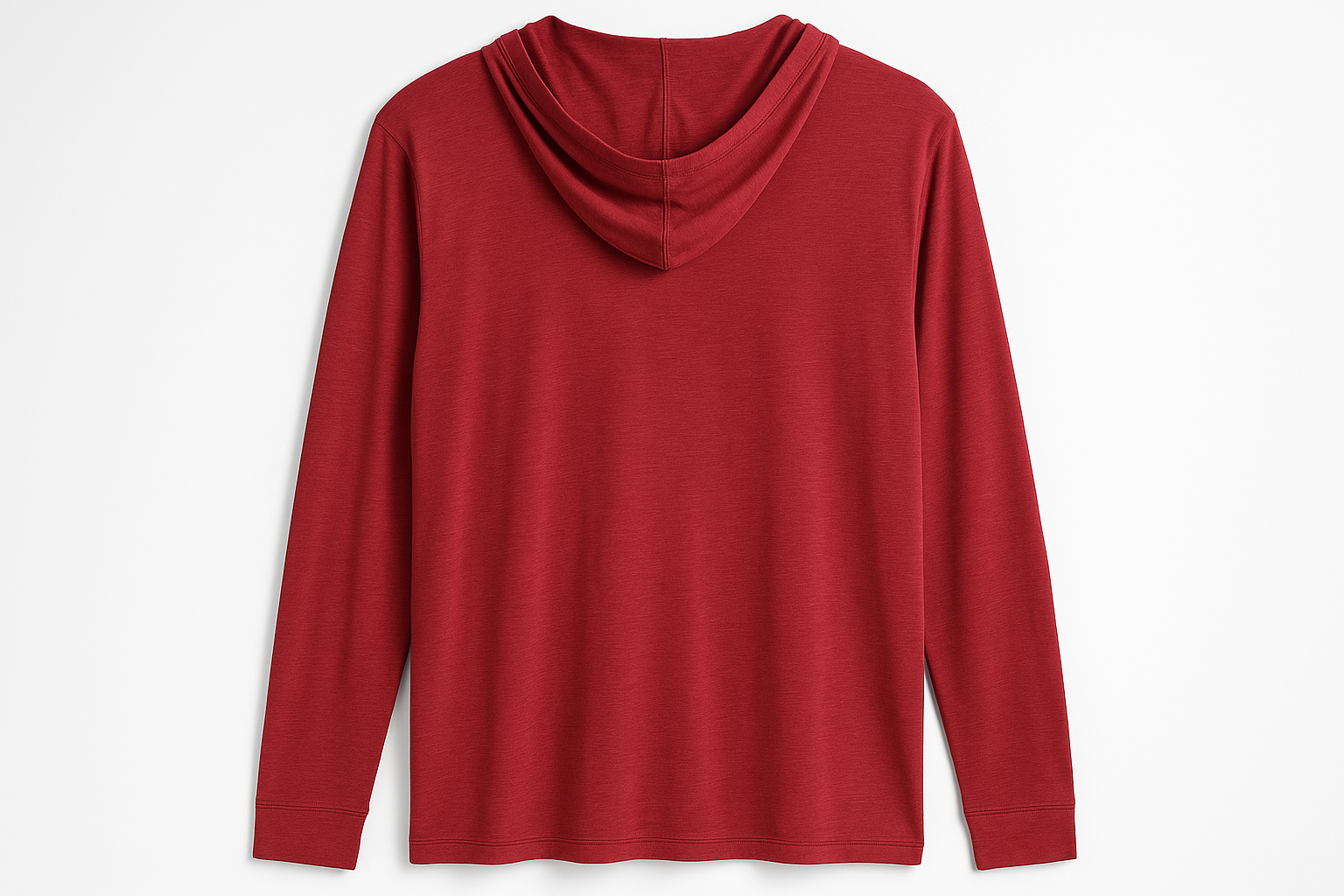 Vista posterior de la camiseta ligera con capucha color #c03a3b sin logo