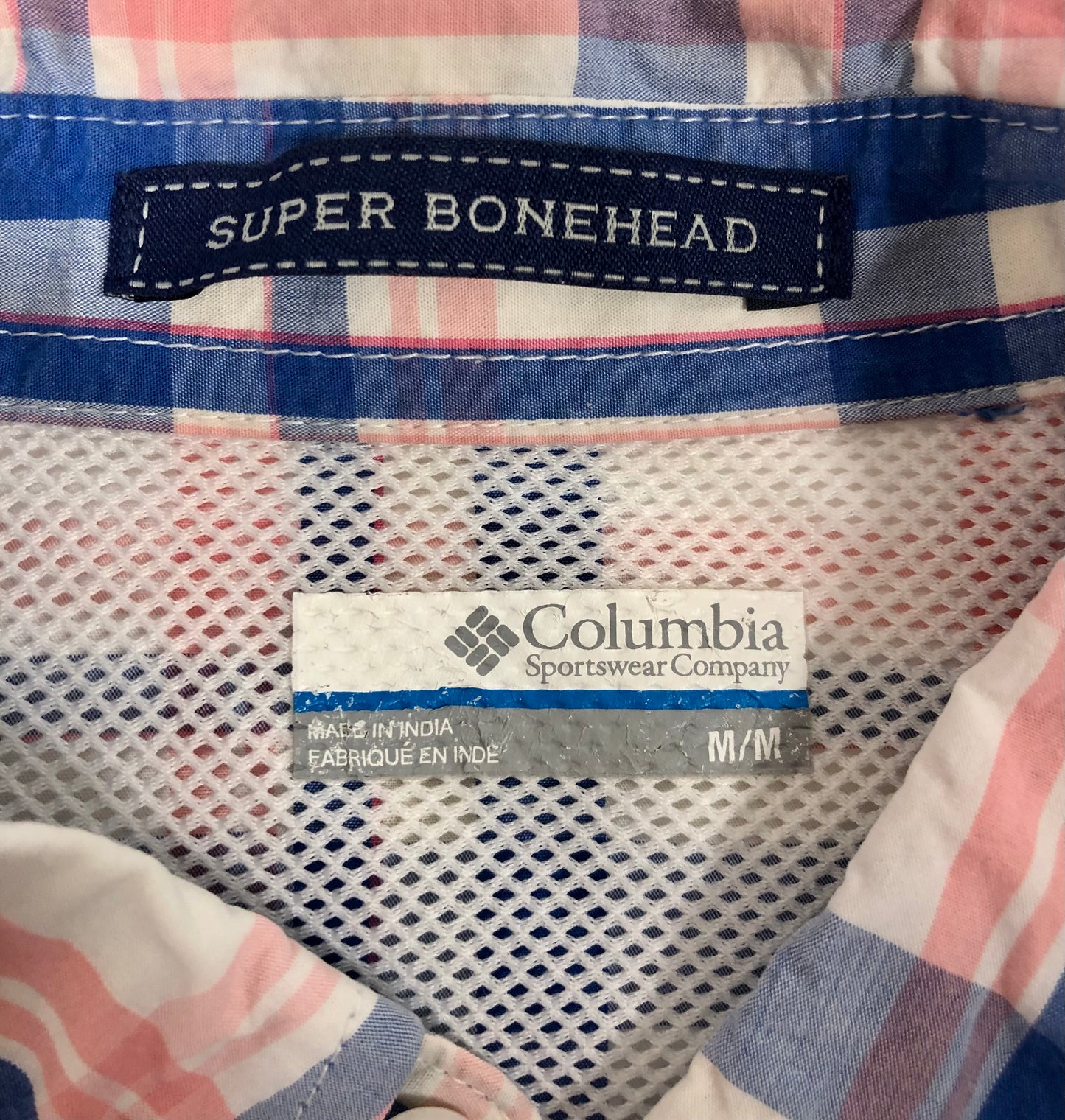 Camisa Columbia 🔹Super Bonehead Color blanco con patrón de rayas en azul y rosado Manga corta Talla M