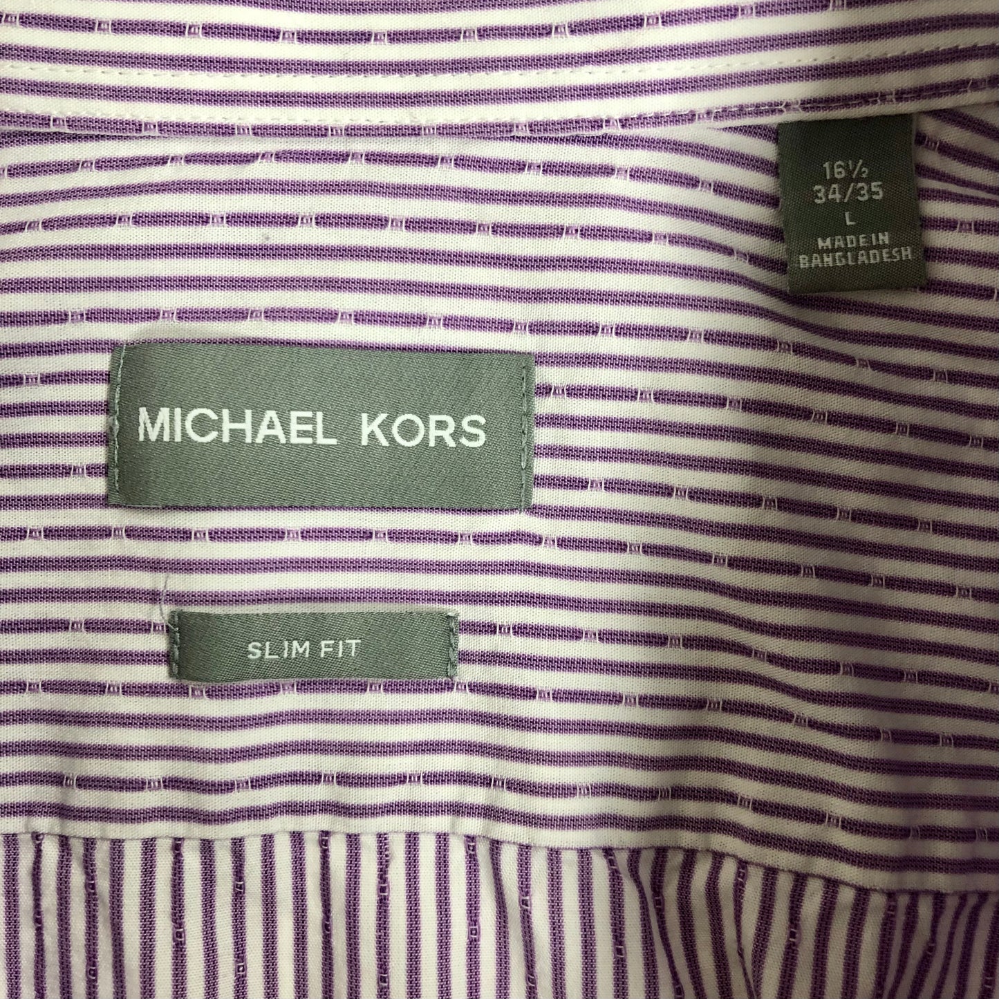 Camisa de botones Michael Kors 🇺🇸 color blanco con rayas en morado Talla L Entalle Slim Fit