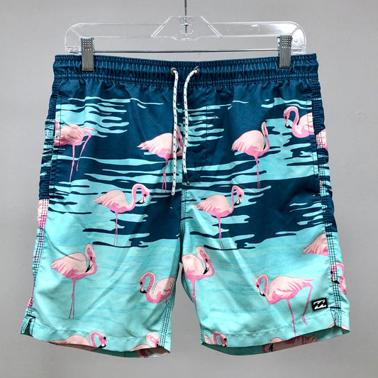 Short de baño Billabong 🏄🏽‍♂️ color azul y celeste con diseño de flamingos con logo en color negro Talla M