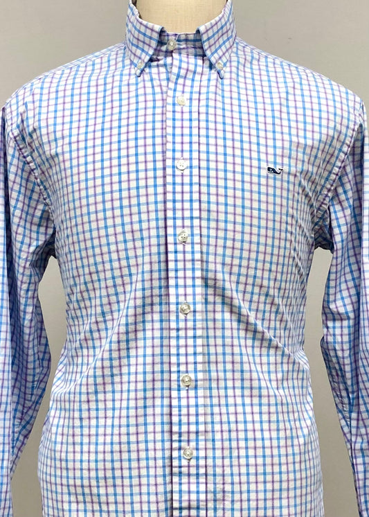 Camisa Vineyard Vines 🐳 blanca con cuadros en color azul y morado Talla L Entalle Regular